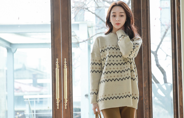 ジグザグ ルーズ ラウンド ロングニット