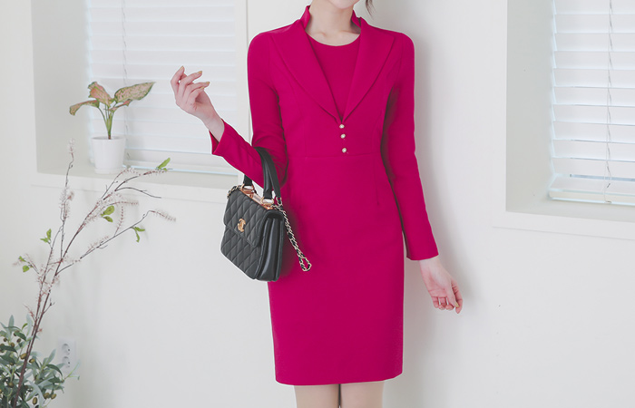 ウイングカラー トリプル真珠 スリム ワンピース