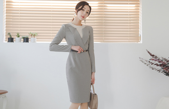 二重ハウンドトゥースチェックベルトワンピース