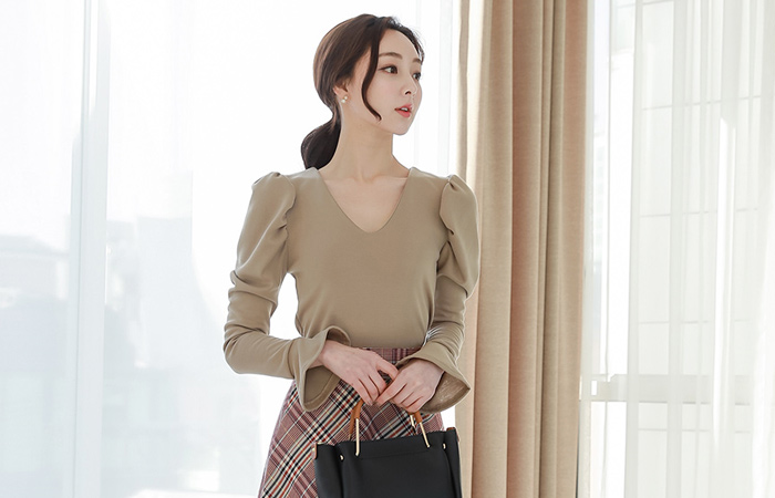 ユニークブイネックカフス袖 パフ ティー