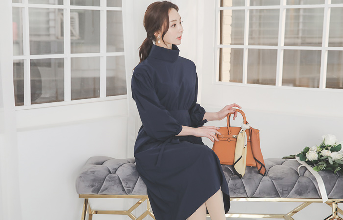 ツーウェー カラー シャーリング パフ フレア ワンピース