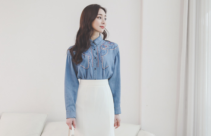 はいしょく 花模様 アンティーク刺繍 デニム シャツ