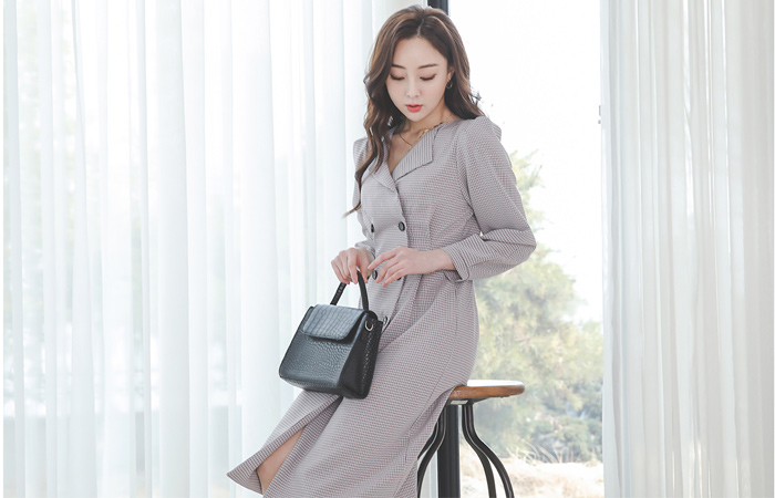 カラー ハウンドトゥースパフ袖 ダブルワンピース