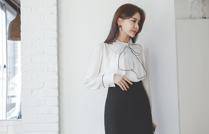 オーガンザ パイピング スカーフ ピンタック ブラウス