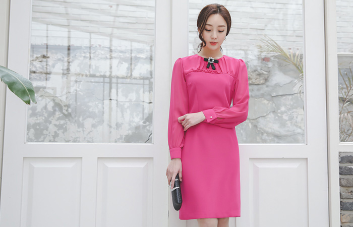 シャーリングシフォン真珠リボンブローチ ワンピース