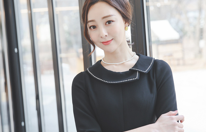 ステッチ 刺繍 フラットカラー フレア ワンピース