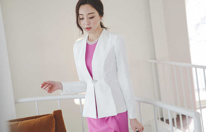 スクエア ボタン ノーカラー スリム ピンタック ジャケット