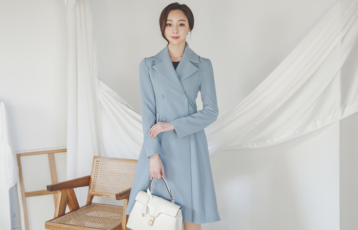 ビッグカラー フェイク 切開ポケット ダブル 弾力 ロングジャケット