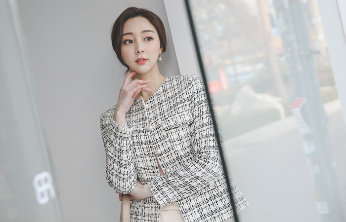 ゴールドわ 真珠 バスケットチェック ツイード ジャケット