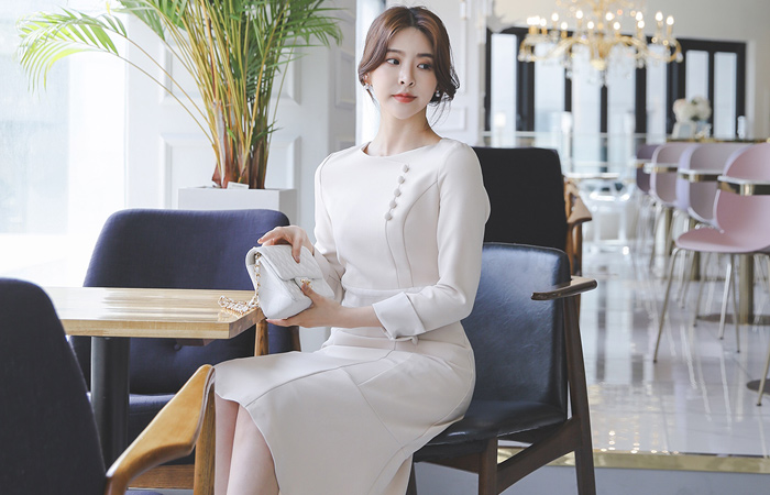 豆ボタン ライン 切開 フレア ワンピース