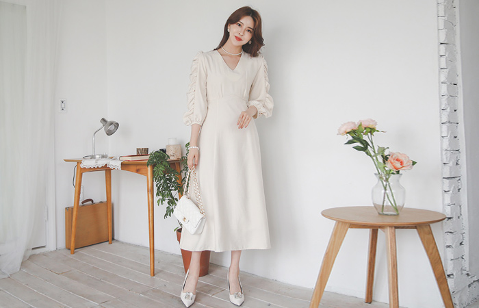 アリス パフ袖 シャーリング フレア ワンピース