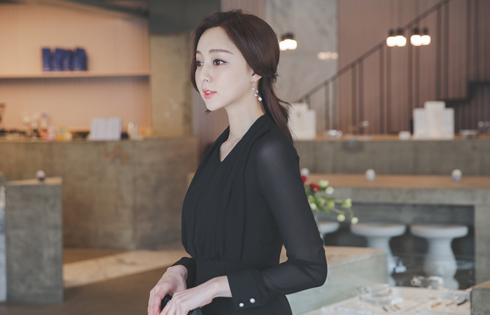 シフォン ショールカラー ブイネック 弾力 ワンピース