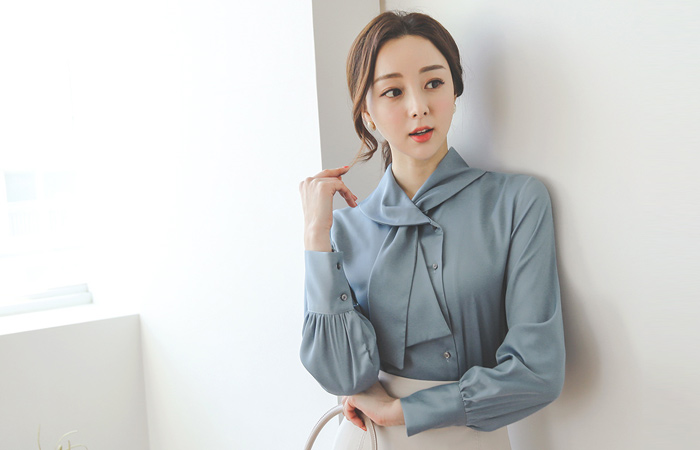 繻子 ショールカラー スカーフネック ブラウス