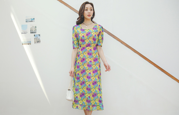 Rossie 雛菊 スクエアネック シフォン ロング ワンピース