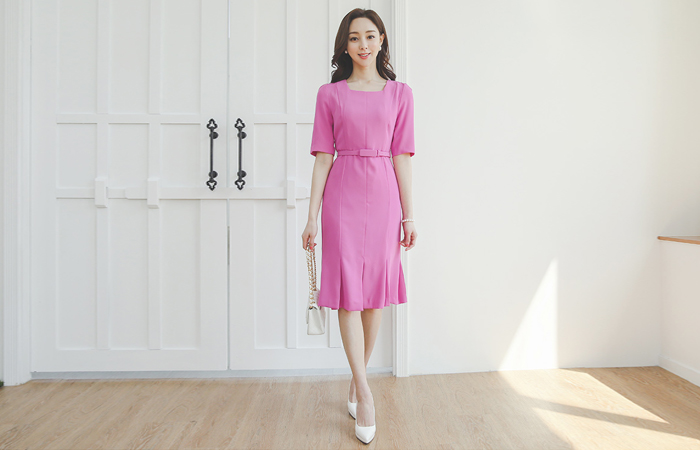 プリーツ スリット スクエアネック ベルト ワンピース