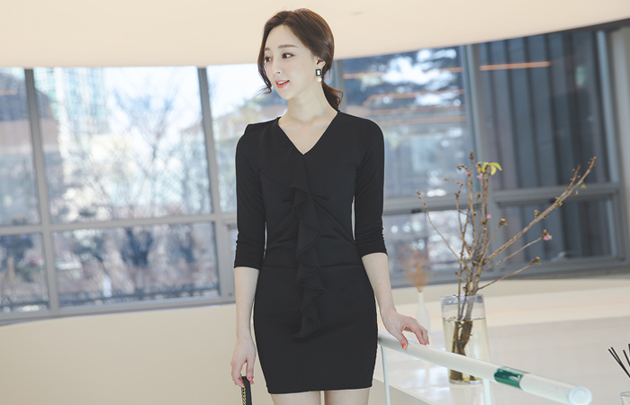 フラウンス フリル ブイネック 弾力 ミニ ワンピース