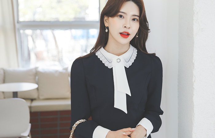 真珠タイ レースカラー ラッフル ワンピース