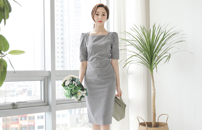 サイド ピンチシャーリング スクエアネック ワンピース(半袖)