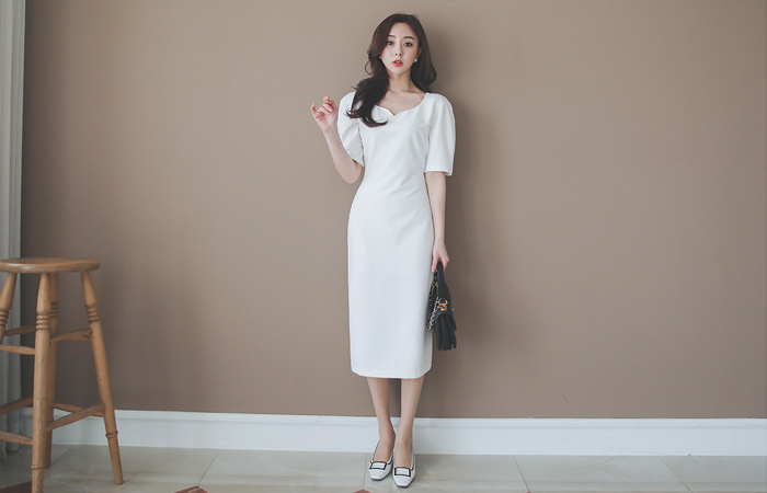 スカレット ハートネック パフ袖 弾力 ワンピース