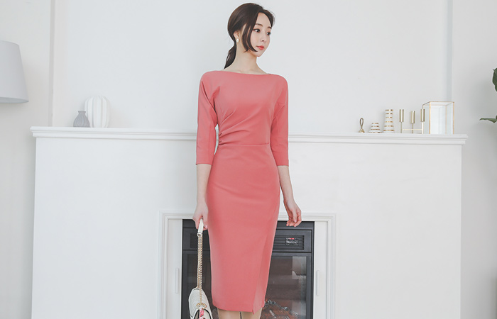 ピンタックシャーリングラグラン斜線スリットワンピース