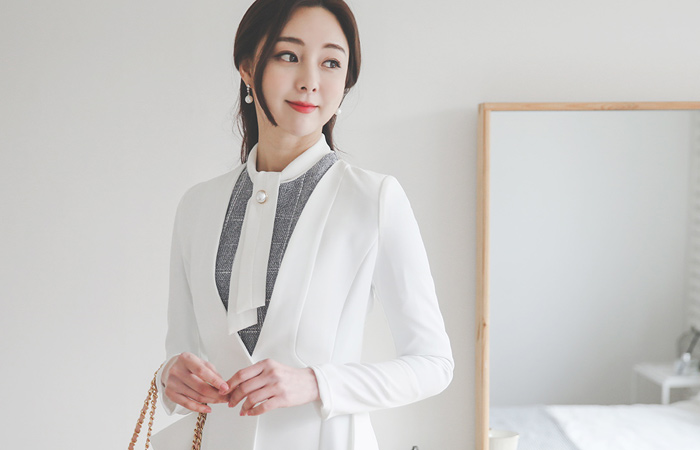 ピンタック 切開 ノーカラー ワンボタン ジャケット