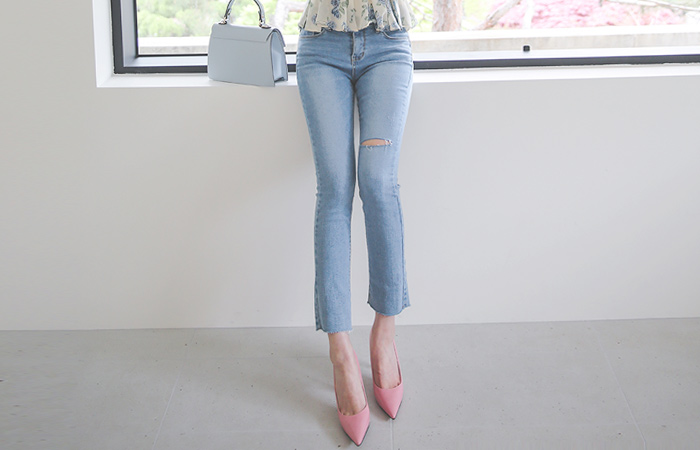 Stretchy-Waist Light-Blue カッティング ストレート デニム