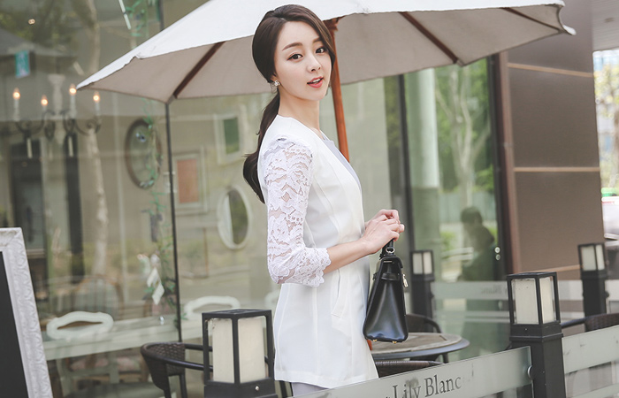 レイススリーブカラー無しロングジャケット