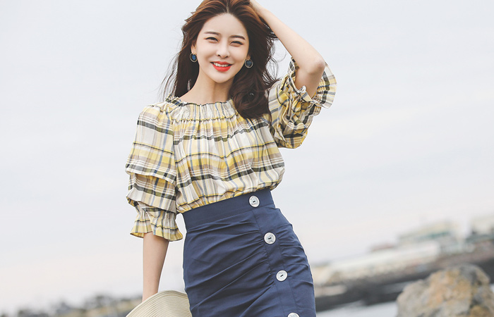 サマー チェックペザントスモッキング ブラウス