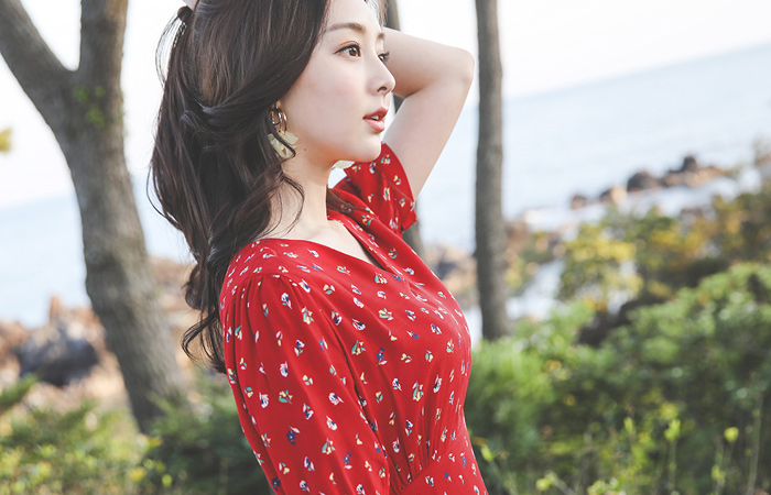 チューリップ 花柄 シャーリング パフ ロング ワンピース