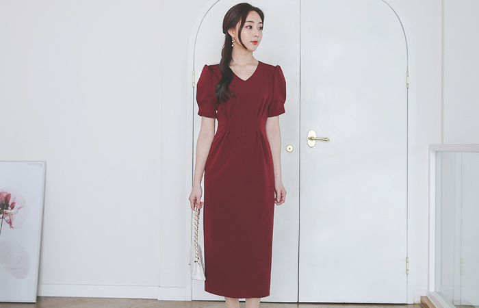 ピンタックブイネックパフ袖 ミディワンピース