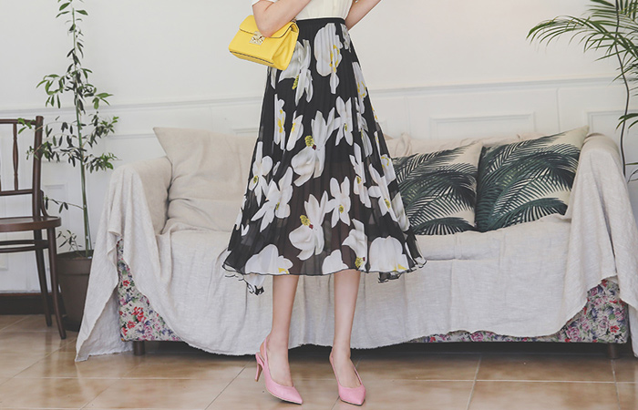 プリーツ 花柄 捺染 バンディング ロング スカート