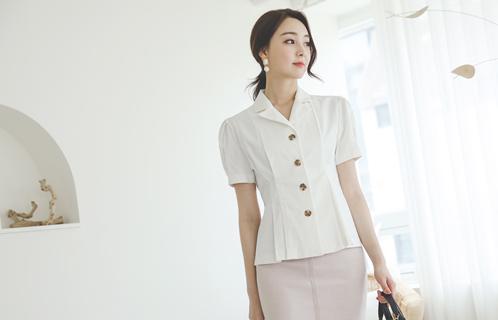 パフ袖 アンチックボタン ピンタック 弾力 リネン ジャケット