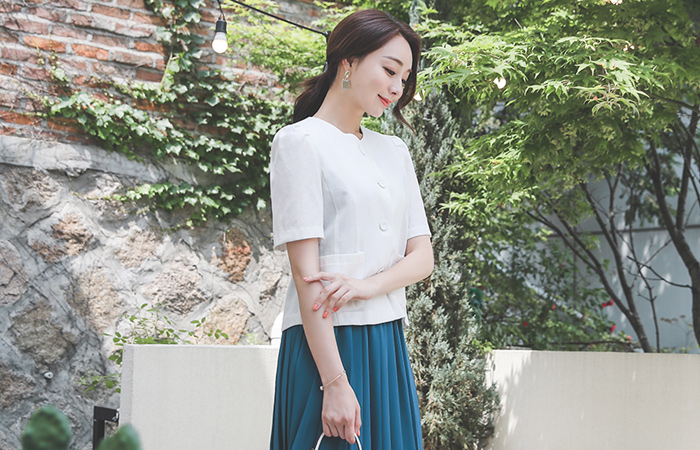 パフ袖 ポケット ラウンド リネン ジャケット