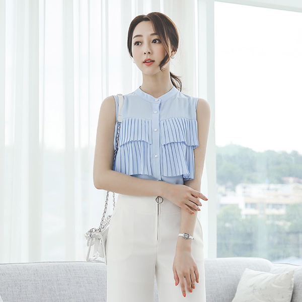 二重 プリーツ 真珠 ボタン ブラウス