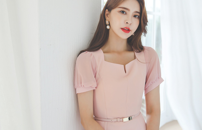 スリット スクエアネック シフォン 袖 ワンピース