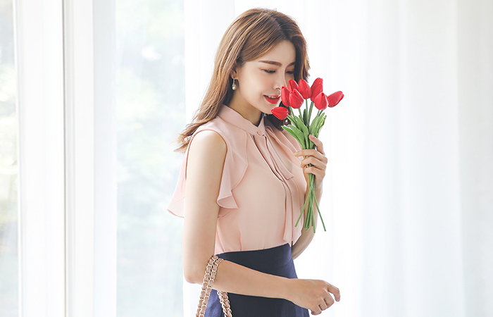 ダブル リボン ラッフル 袖なし ブラウス