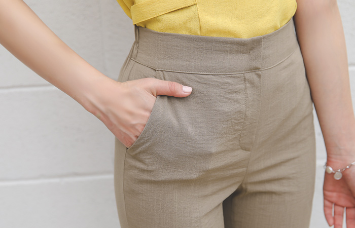 後面バンド リネン スリット ブーツカット スレックス