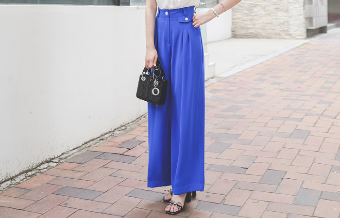 ハイウエスト ピンタック 配色ボタン ワイド スレックス