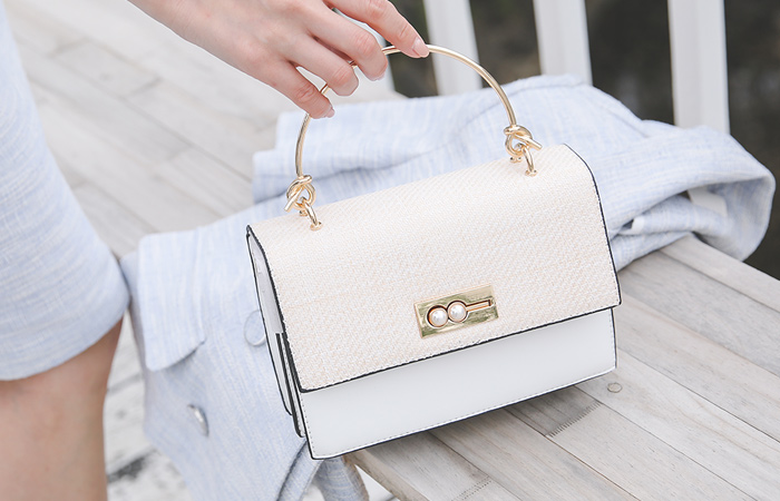 [モデル着用36次]ラタン 配色 真珠 トートバッグ