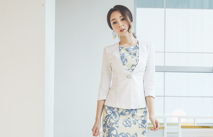 リネン コットン ノーカラー 真珠 ブローチ ジャケット