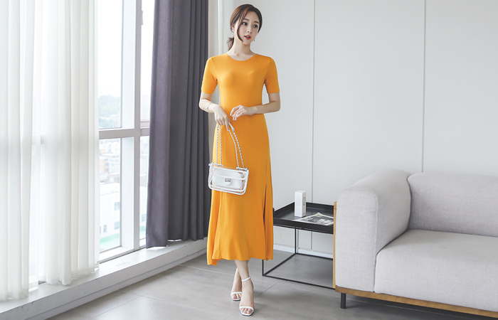 シルケット感触 スリット ロング フレア ワンピース