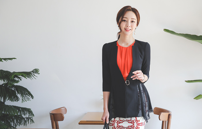 ラグジュアリー シースルー フレア ノーカラー 弾力 ジャケット