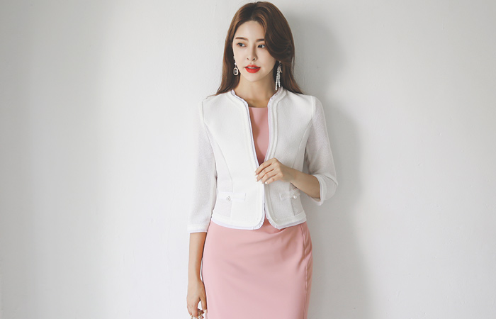 サマー ツイード シフォン トリミング 真珠装飾ポケット ショートジャケット