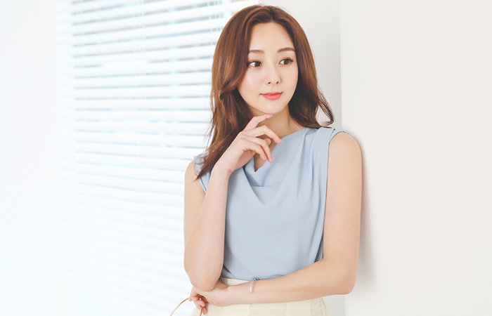 二重 カウルネック チューリップライン 袖なし ブラウス