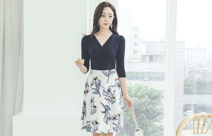 ラップ フレア ブイネック 配色 ワンピース