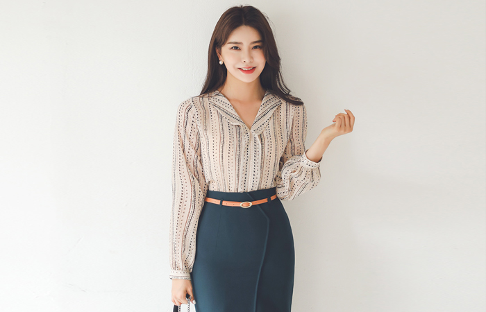 オープンカラー 捺染 ブラウス