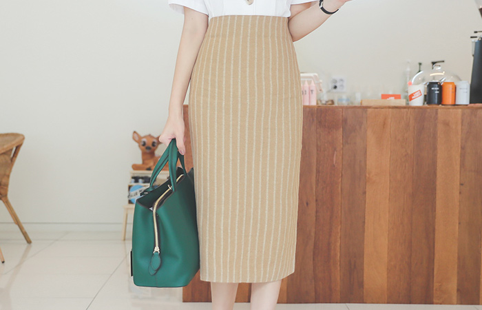 ムード ストライプ リネン ミディ スカート