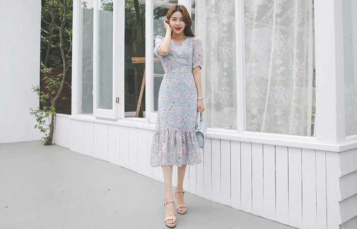 ボタニカル花模様シフォン ラッフル ワンピース