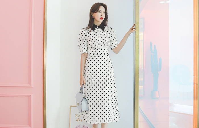 繻子カラー ジュエリーボタン トット ロング ワンピース