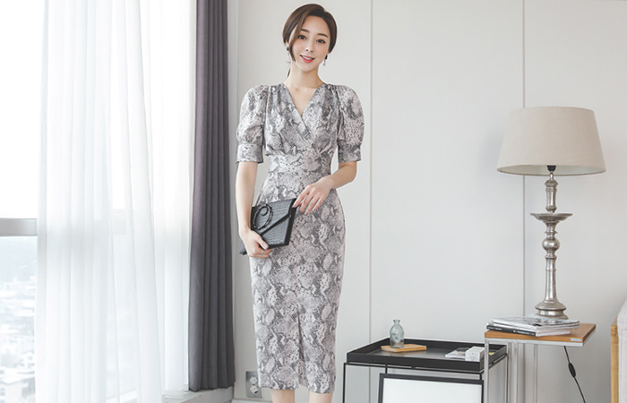 スネーク ブイネック ラップ スリット ワンピース